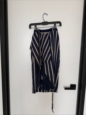 BCBG Navy and Cream Striped Asymmetrical Wrap Skirt